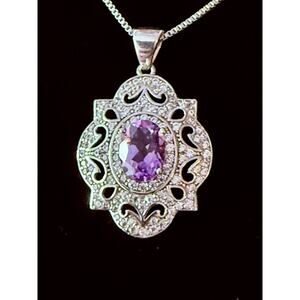 Vintage Amethyst Necklace 925 Sterling Silver Box Chain 18" Fancy Elegant